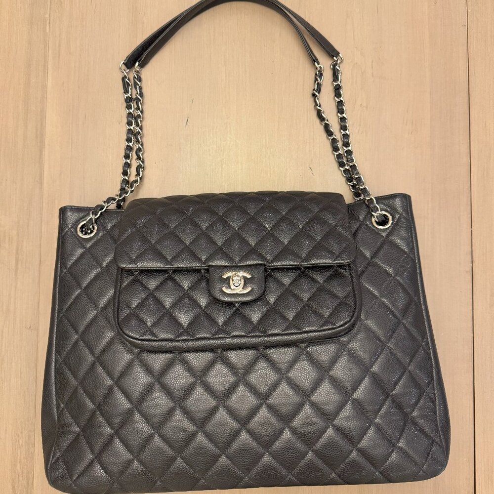 Chanel Classic Flap Shopping Tote Quilted Caviar Black Authentic